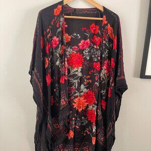 American Eagle Rose Black and Red Floral Kimono Shawl